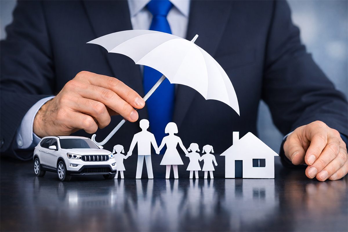 Mão segurando guarda-chuva sobre recortes de papel de família, casa e carro (imagem ilustrativa)